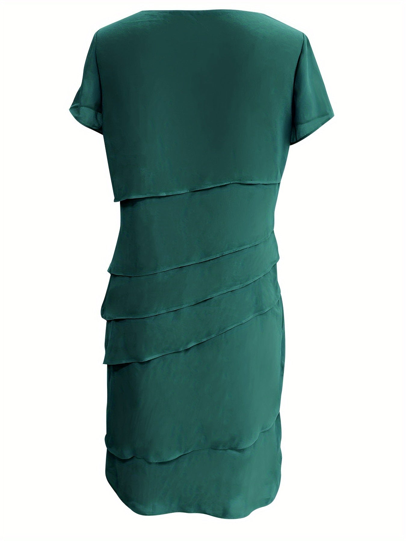 Layered Trim Crew Neck Dress, Elegant Short Sleeve Dress