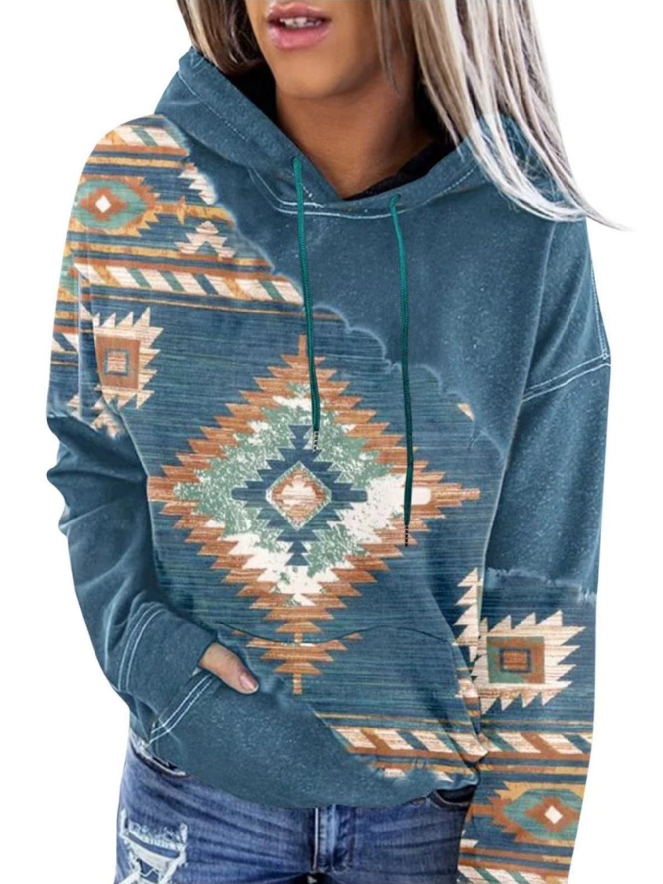 Aztec Geo Print Kangaroo Pocket Hoodie, Casual Long Sleeve Drawstring Hoodies Sweatshirt