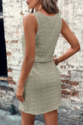 Four Leaf Clover Eyelet Textured Square Neck Drawstring Mini Dress