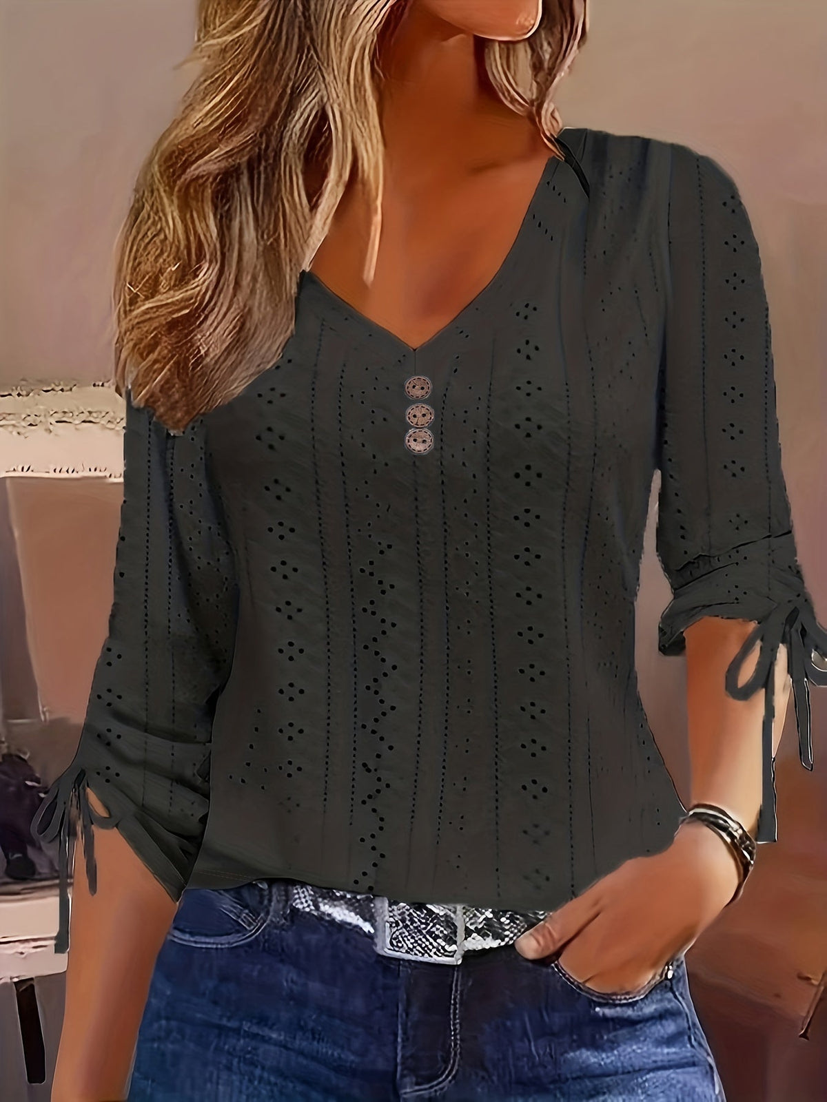 Basic Top, Women's Solid Eyelet Embroidery Ruched Tie Long Sleeve Button Decor V Neck Slight Stretch Top