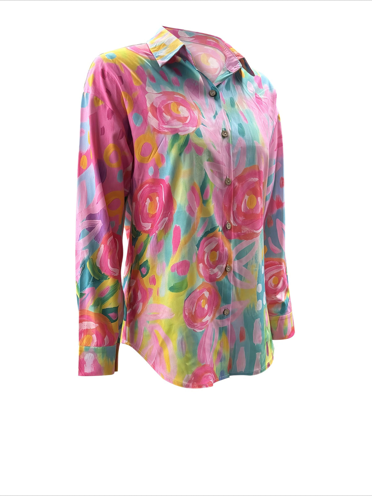 Colorful Printed Casual Single Row Button Long Sleeve Turnover Collar Top