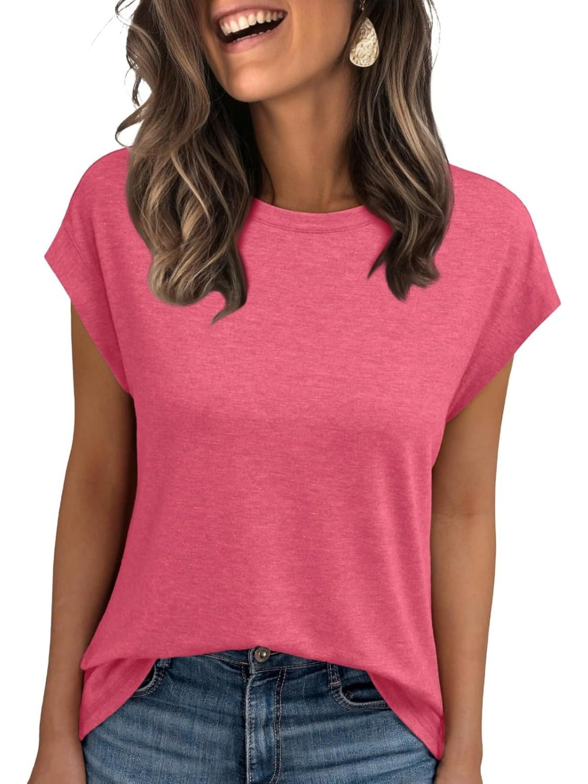 Solid Color Round Neck Cap Sleeve T Shirts