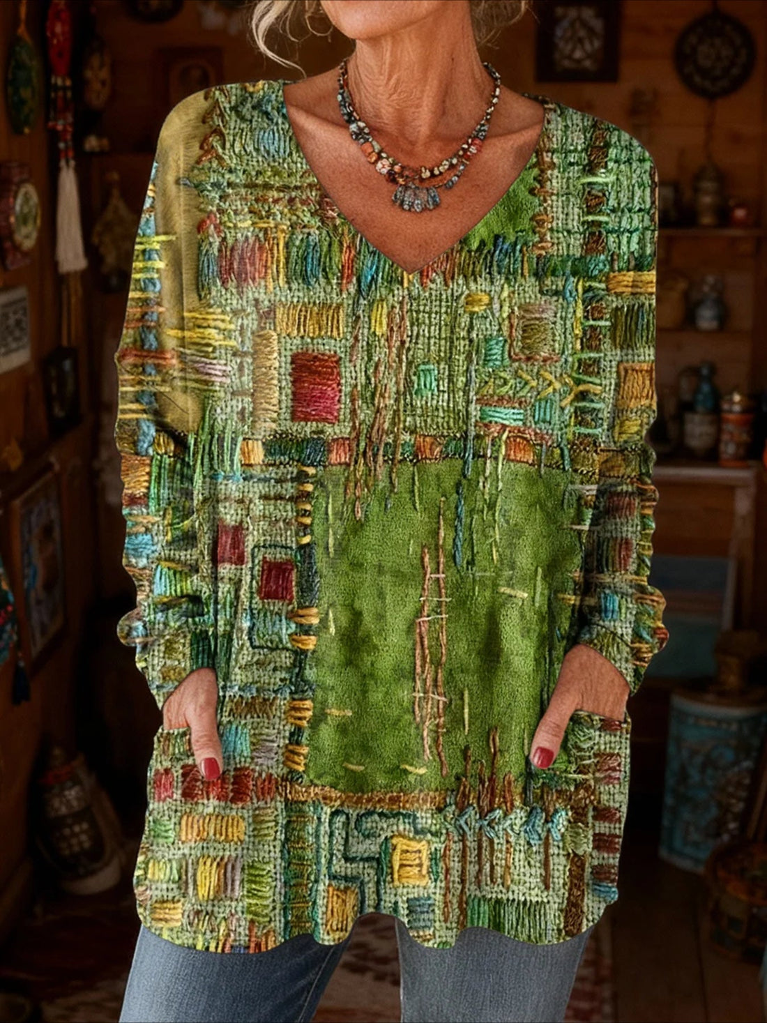 Long Sleeve Spring/Fall Floral Printing V Neck Daily Going Out Vintage Top