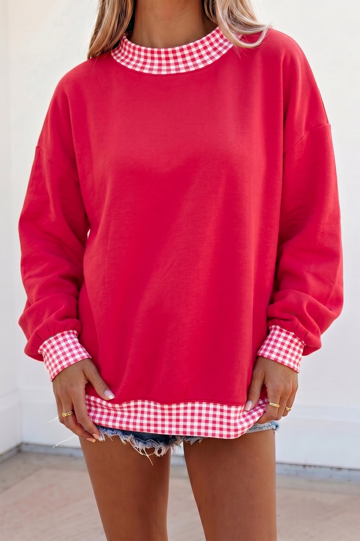 Red Colorblock Plaid Contrast Trim Oversized Sweatshirt