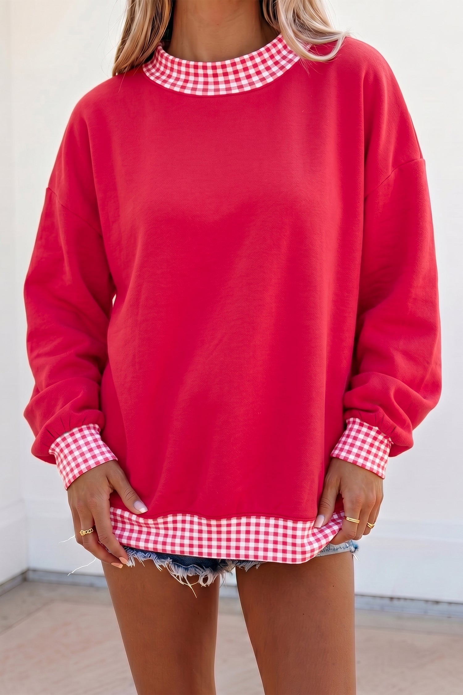 Red Colorblock Plaid Contrast Trim Oversized Sweatshirt