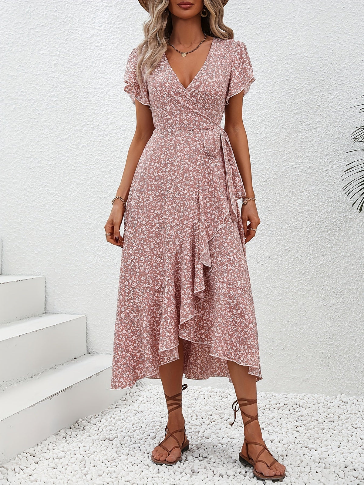 Women's Floral Print Surplice Dress with Flutter Sleeves and Ruffle Hem