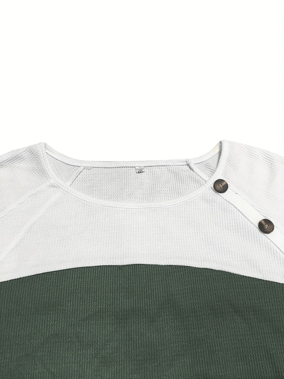 Women's Colorblock Button Decor Waffle Pattern Long Sleeve Round Neck Top
