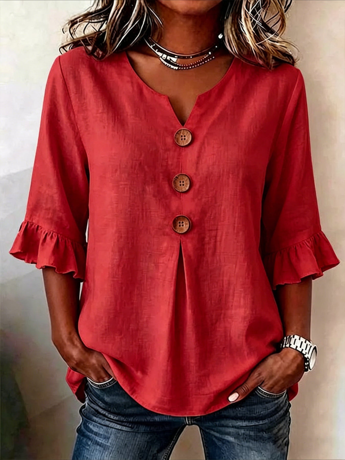 Solid Color Floral V Neck Button Short Ruffle Sleeve Casual Top