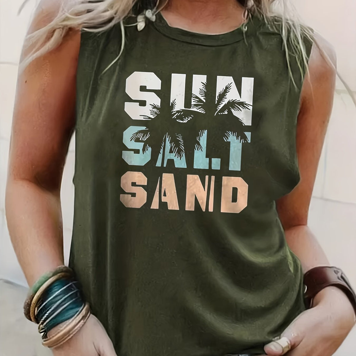 Sun Salt Sand Print Tank Top, Casual Sleeveless Crew Neck Beach Tank Top