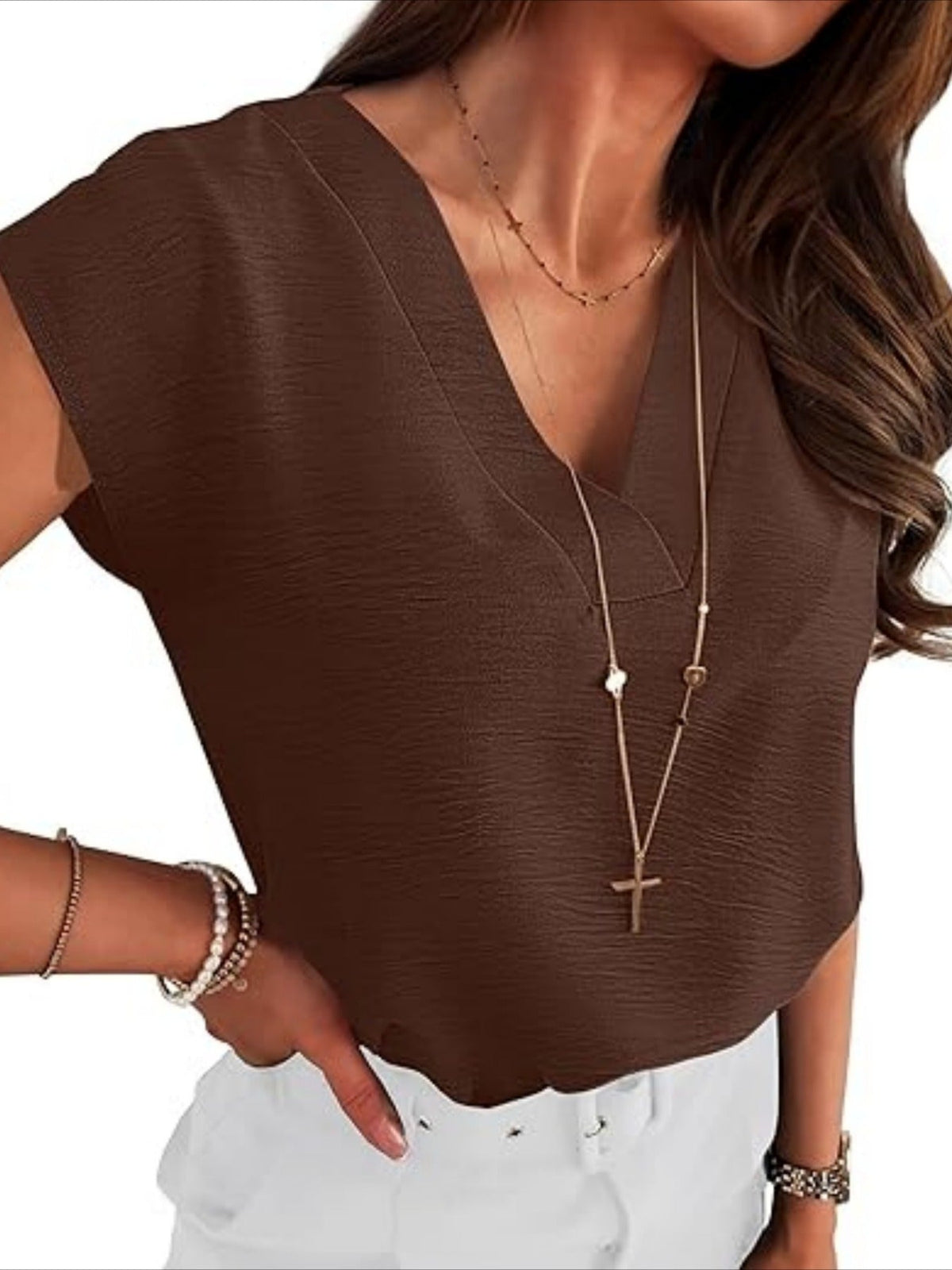 Plain V-Neck Batwing Short Sleeve Casual Loose Blouse
