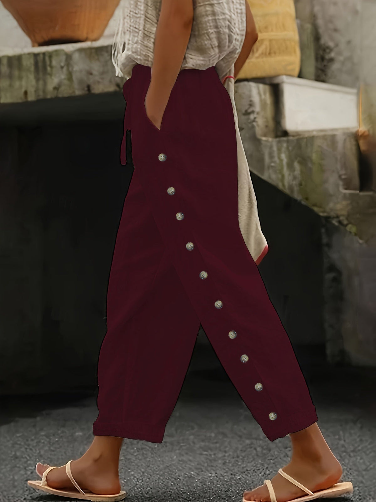 Women'S Elegant Casual Blue Straight-Leg Pants with Pearl Embellishments