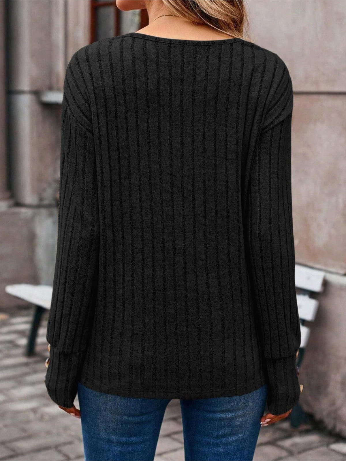 Womens Ribbed Button Detail T-Shirt - Fashionable V-Neck Long Sleeve Top