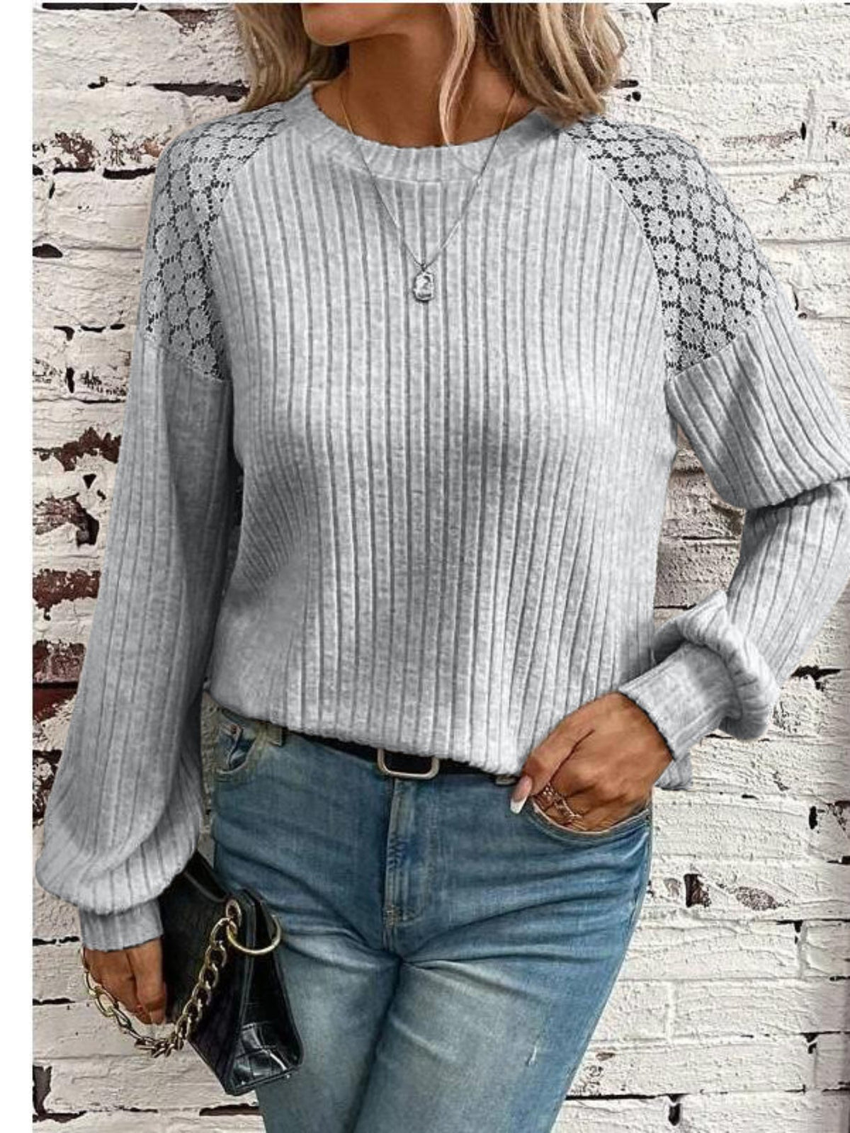Lace Panel Ribbed Knit T-Shirt, Casual Crew Neck Long Sleeve T-Shirt