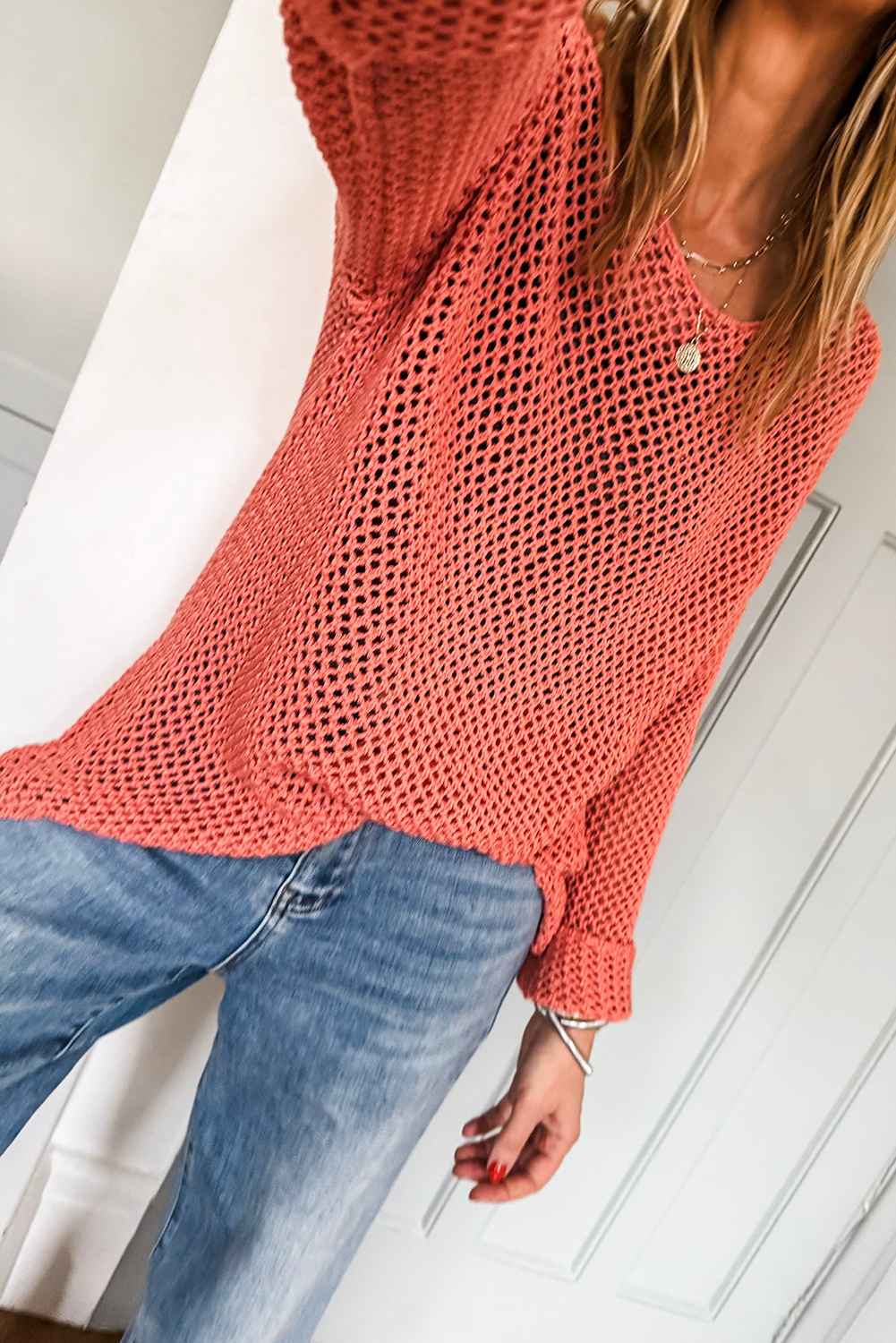 Coral Crochet Hollow-out Jumper Top Sweater