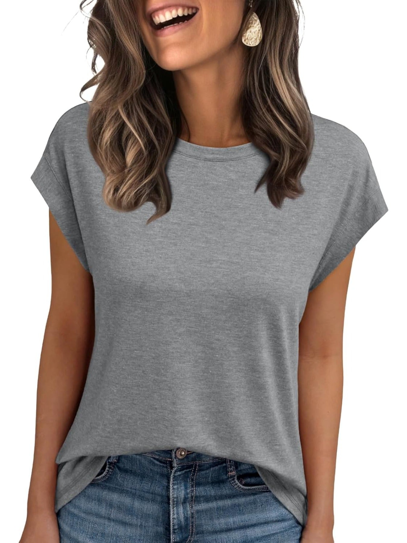 Solid Color Round Neck Cap Sleeve T Shirts