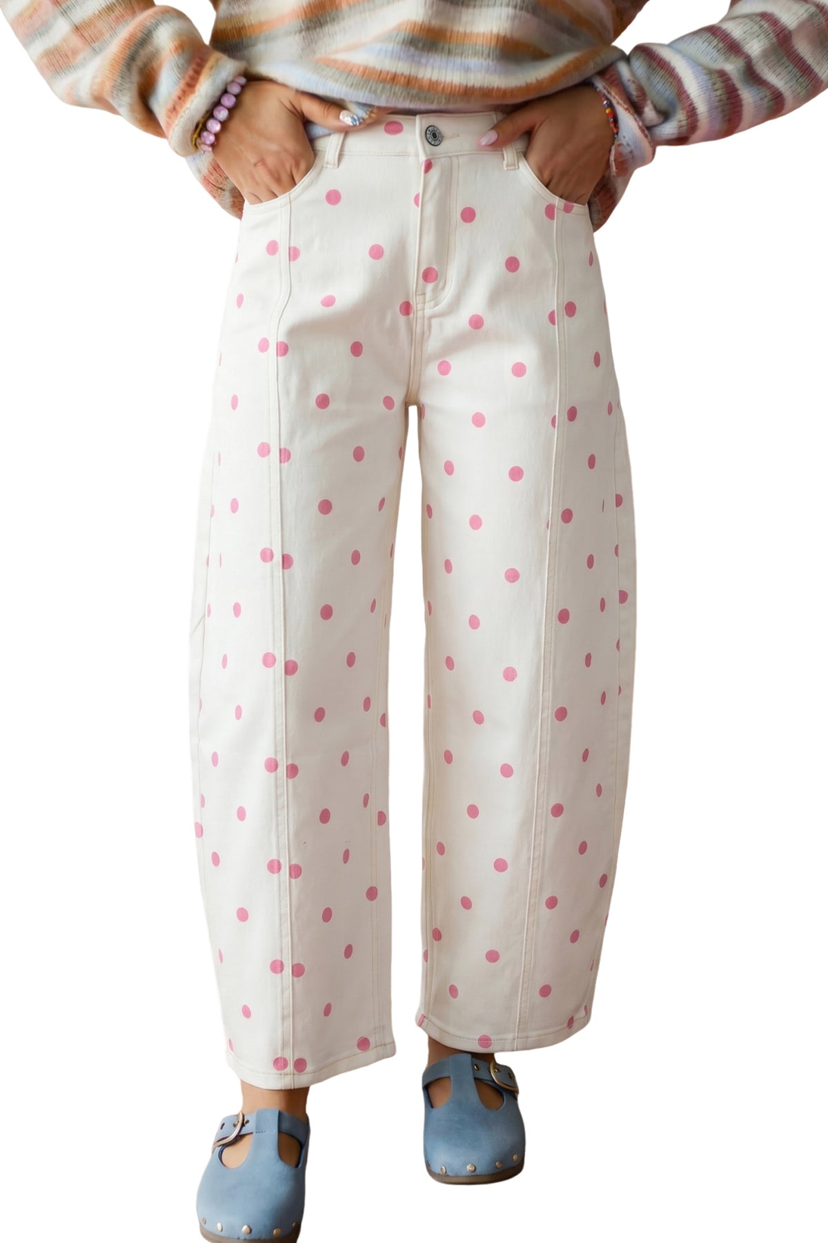 Pink Tailored Seam Polka Dot Print Barrel Casual Jeans