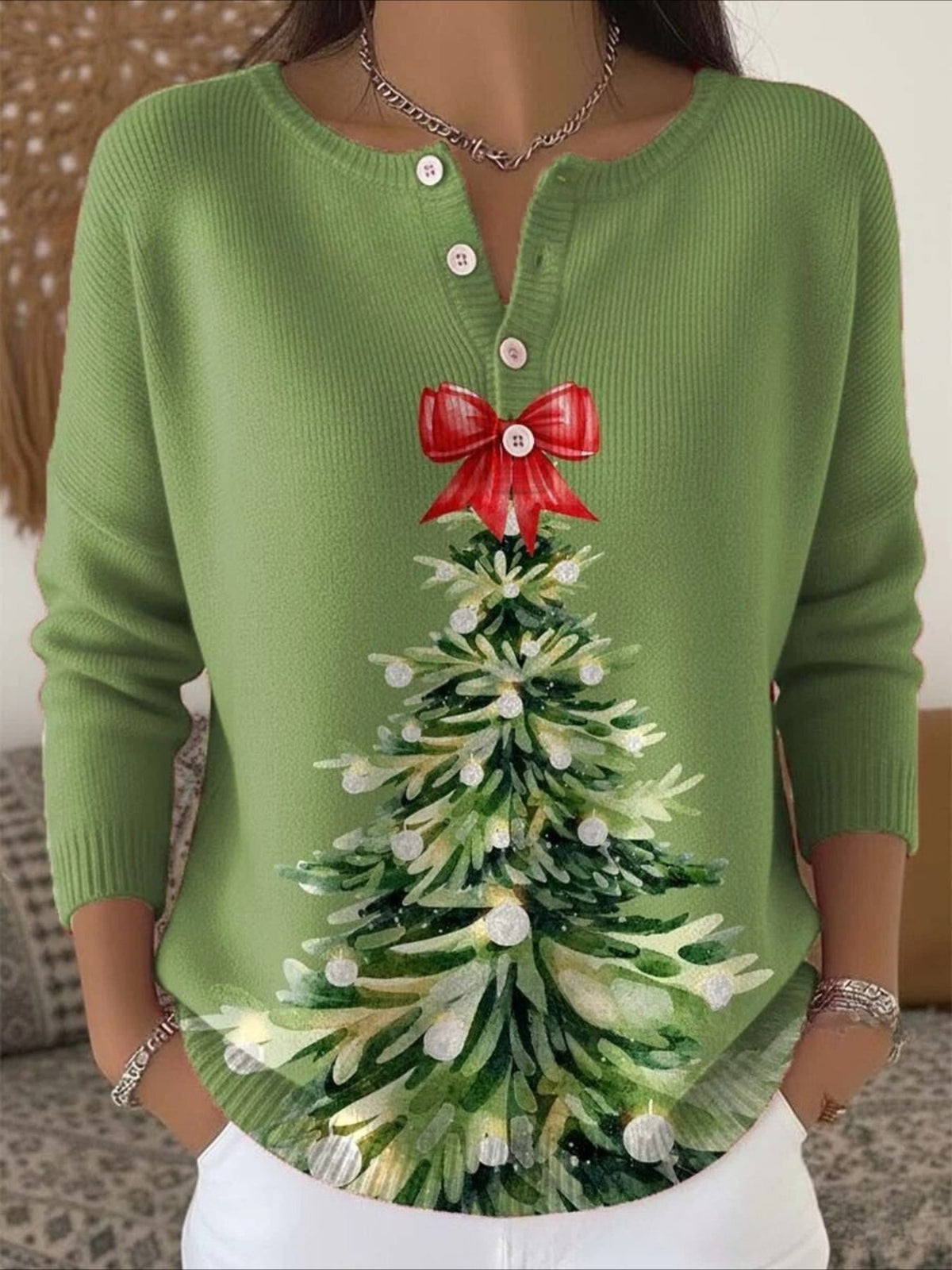 Christmas Tree Art Print Buttoned Sweater Tee