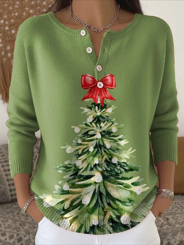 Christmas Tree Art Print Buttoned Sweater Tee