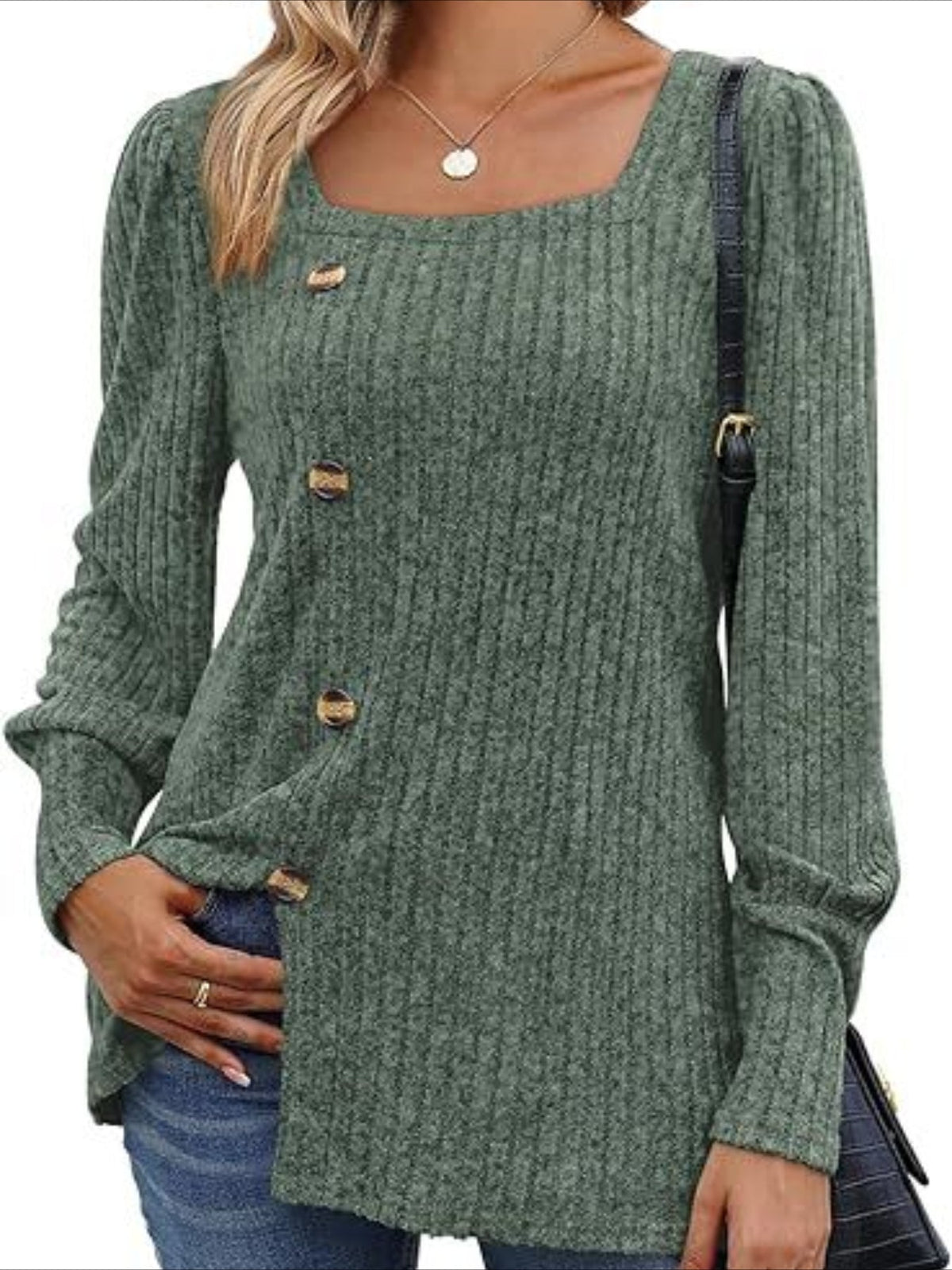 Chic Square Neck Rib Knit Sweater - Casual Comfort with Stylish Button Detail, Long Sleeve Split Design