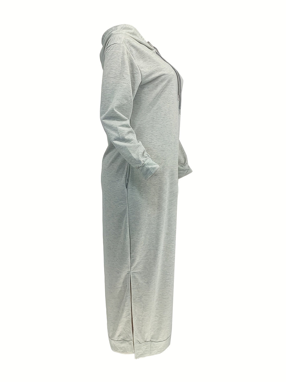 Drawstring Split Dress, Casual Hooded Long Sleeve Maxi Dress