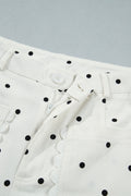 White Polka Dot Print Scalloped Patch Pocket Cotton Shift Pants