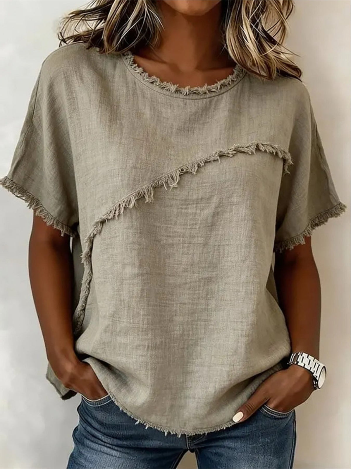Round Neck Casual Fringed Panel Loose Short Sleeve Top