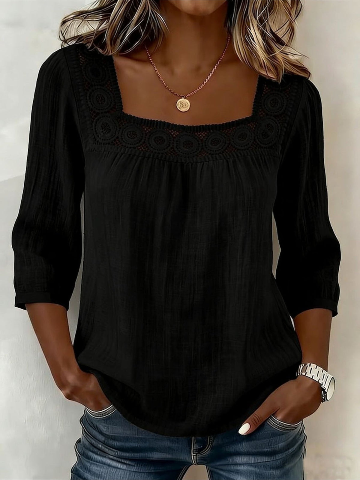 Linen Blend Square Neck Loose Elegant Blouse