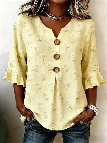 Floral V Neck Button Short Ruffle Sleeve Casual Top