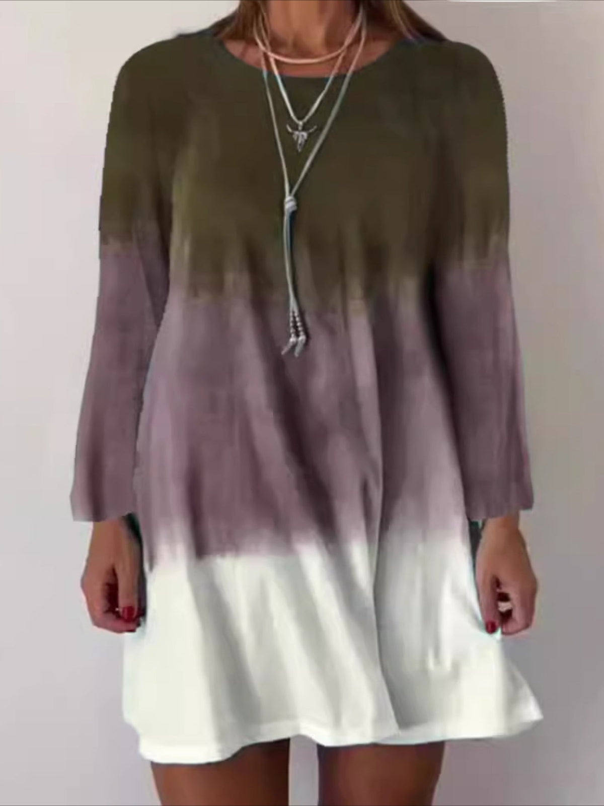 Ombre Color Crew Neck Casual Long Sleeve Dress