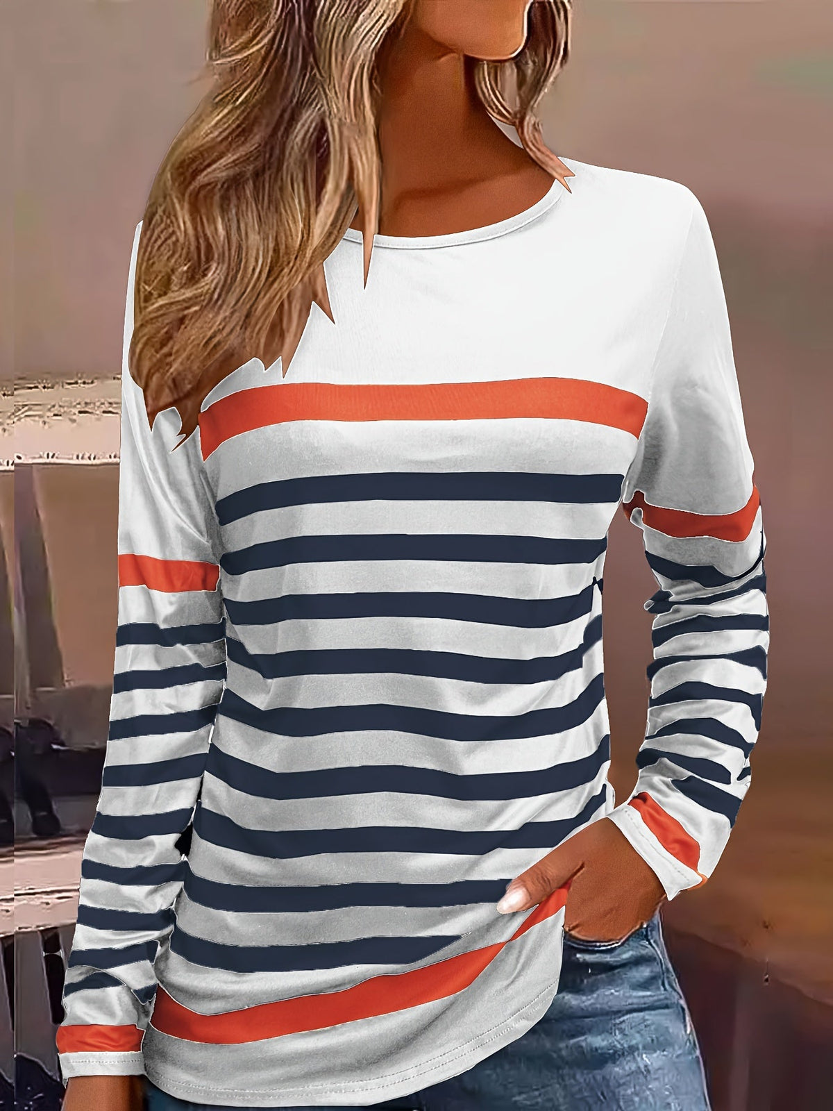 Casual Crew Neck Long Sleeve Striped Print T-shirt