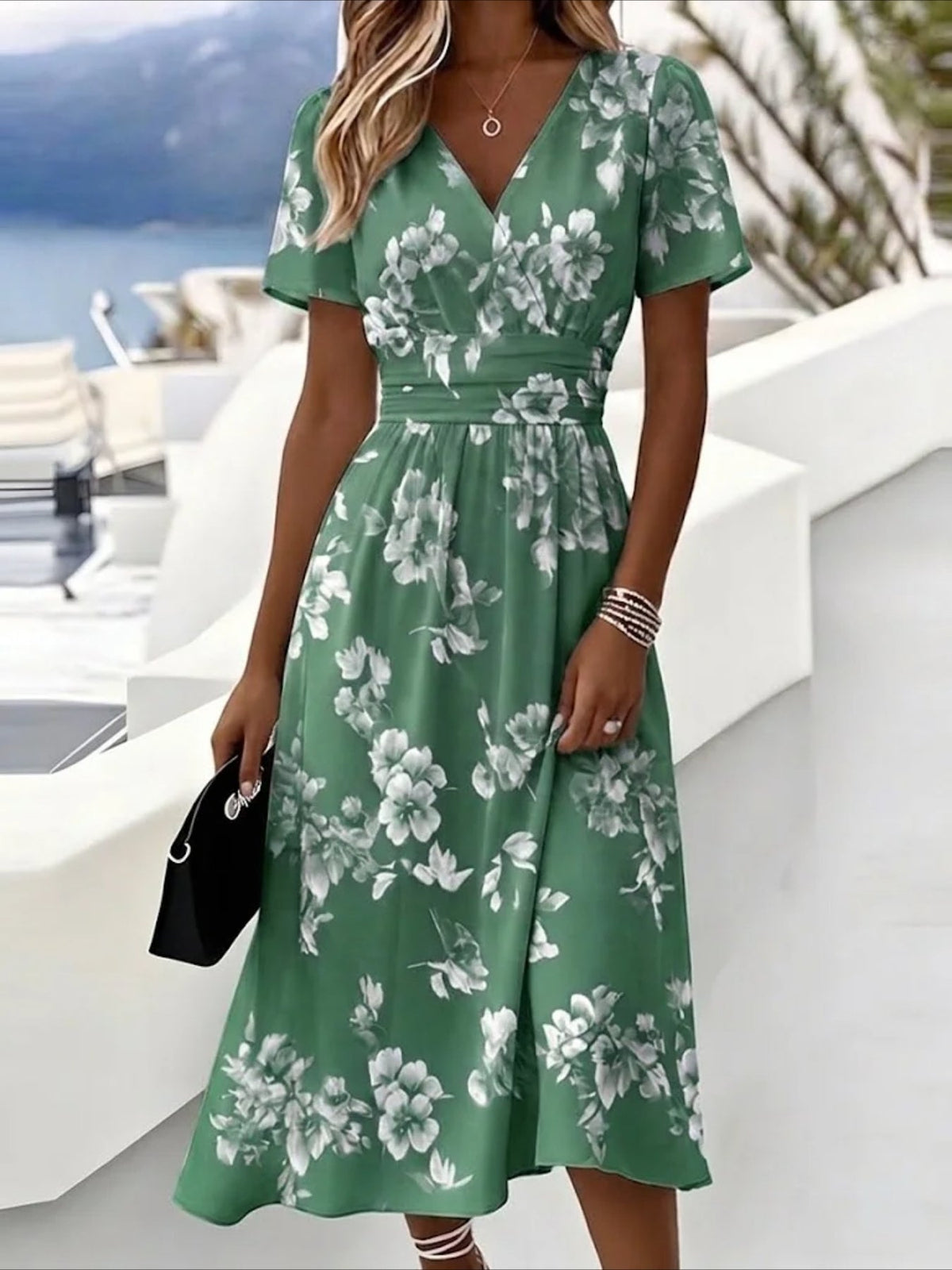 Floral Print V Neck Short Sleeve Beach A-Line Dress
