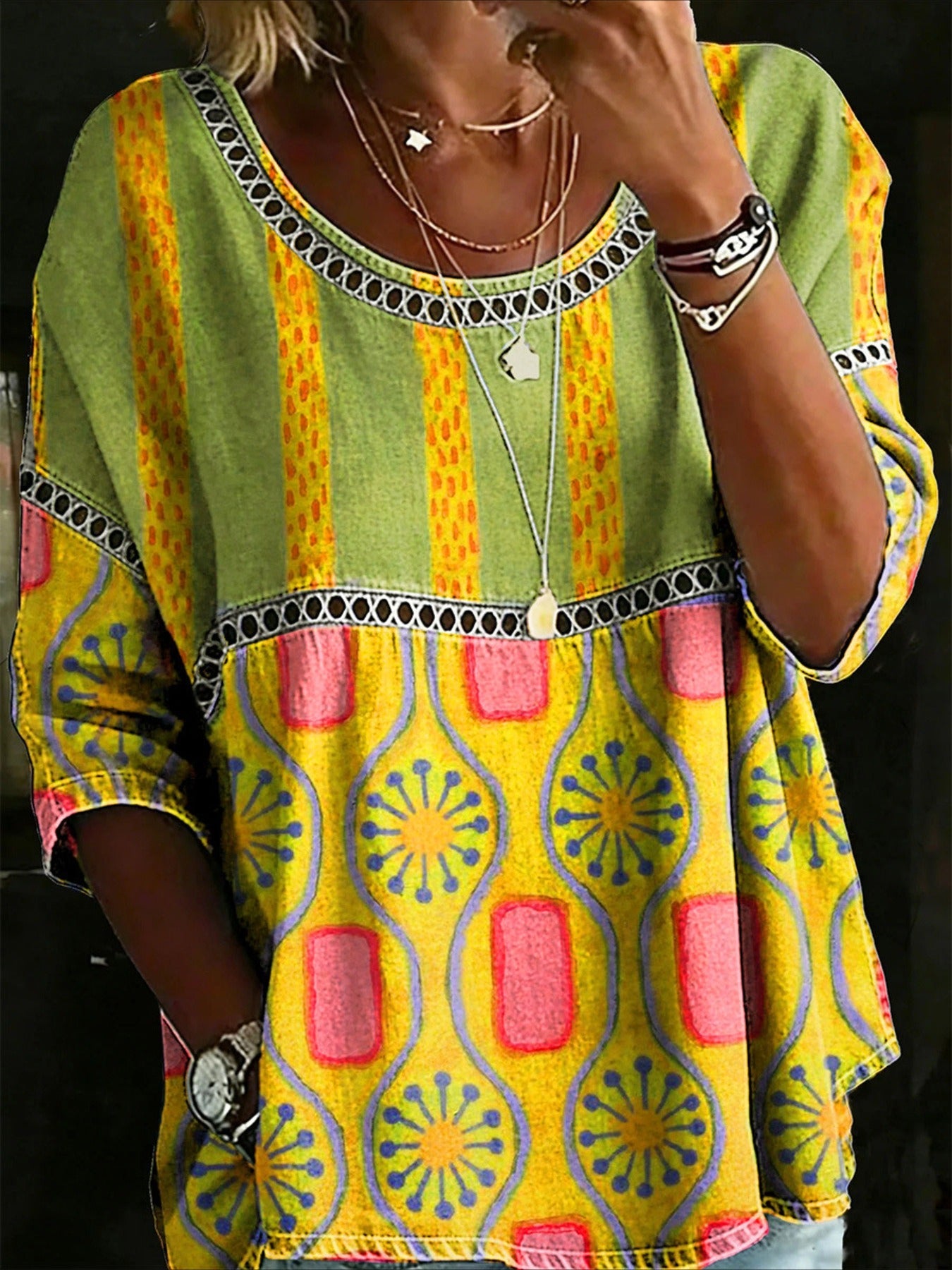 Flower Printed Mid Sleeve Pleated Round Neck Top