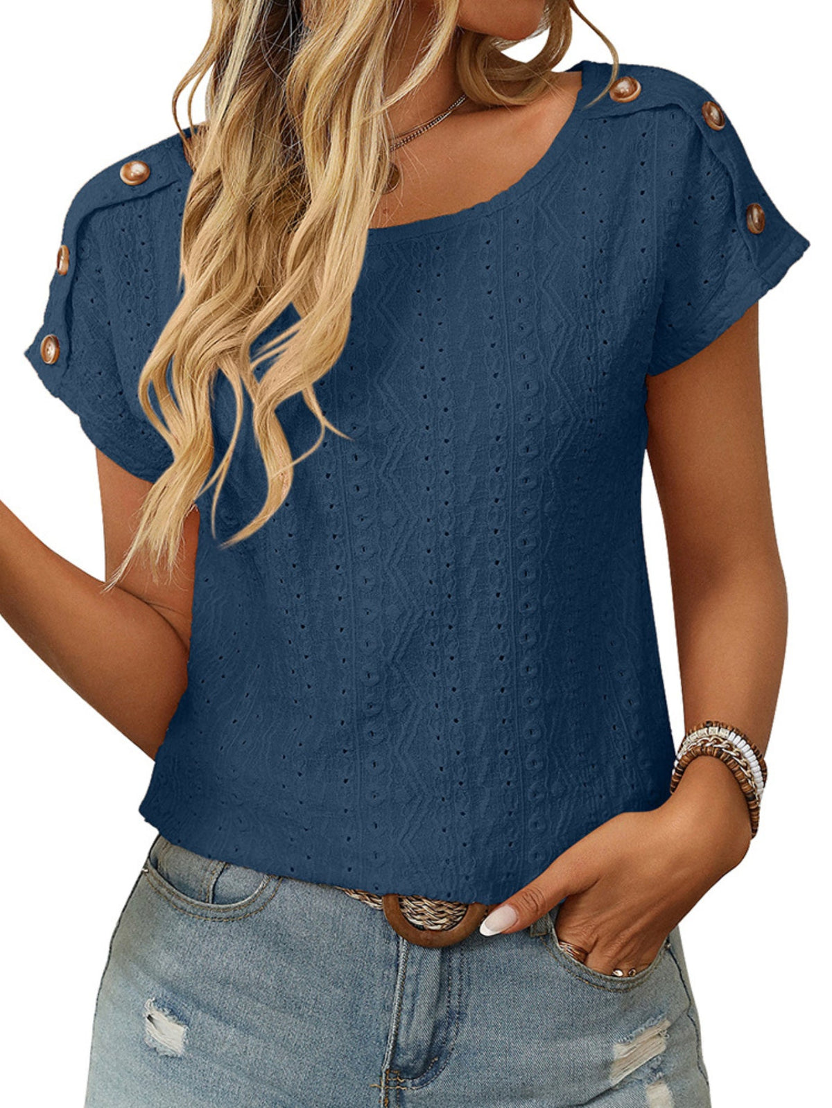 Solid Color Round Neck Shoulder Button Embroidery Hollow Short Sleeved T-shirt
