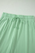 Clearly Aqua Solid Color Ribbed Trim Short Sleeve Top Drawstring Loose Pants 2pcs Outfit