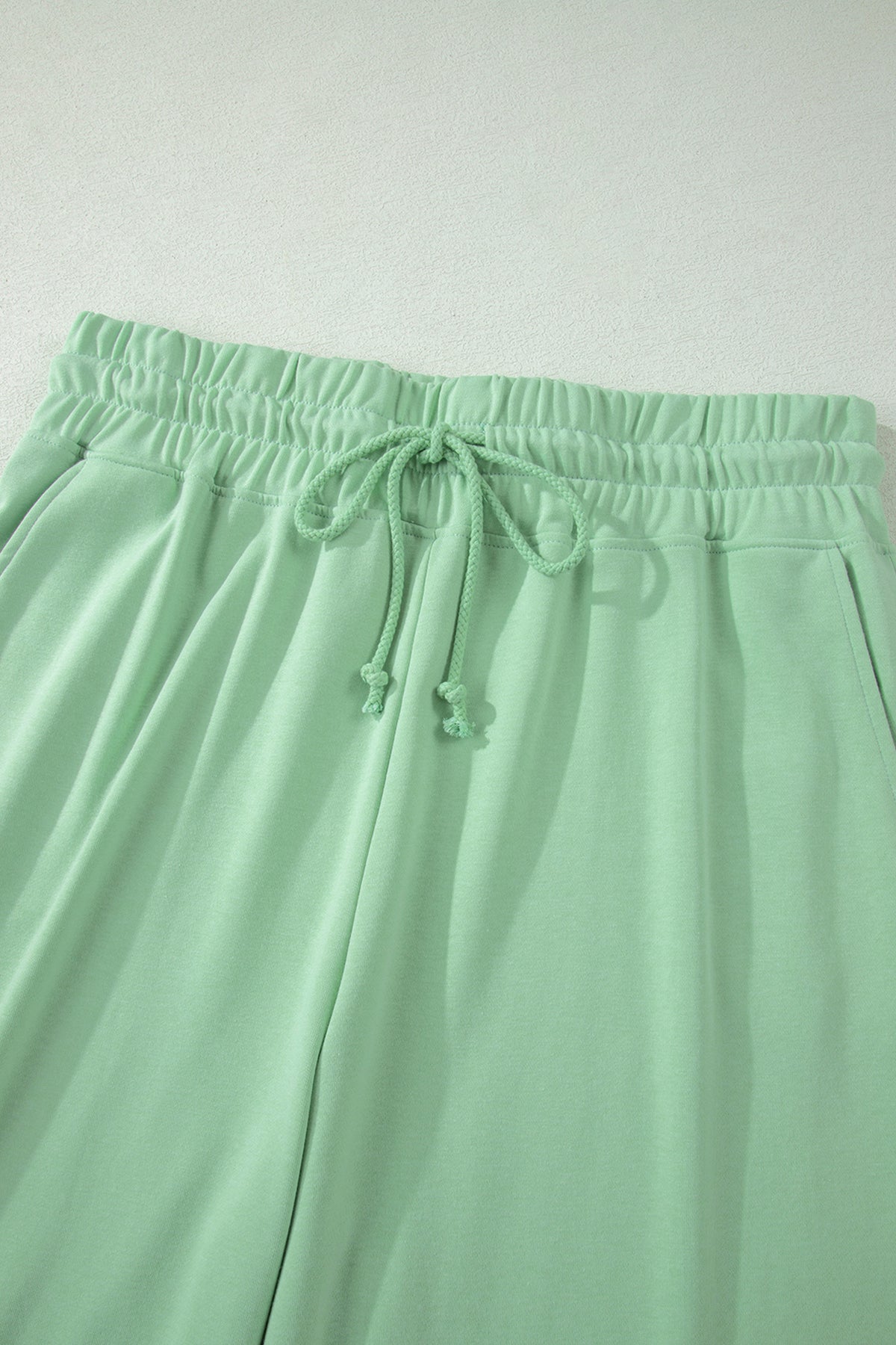 Clearly Aqua Solid Color Ribbed Trim Short Sleeve Top Drawstring Loose Pants 2pcs Outfit