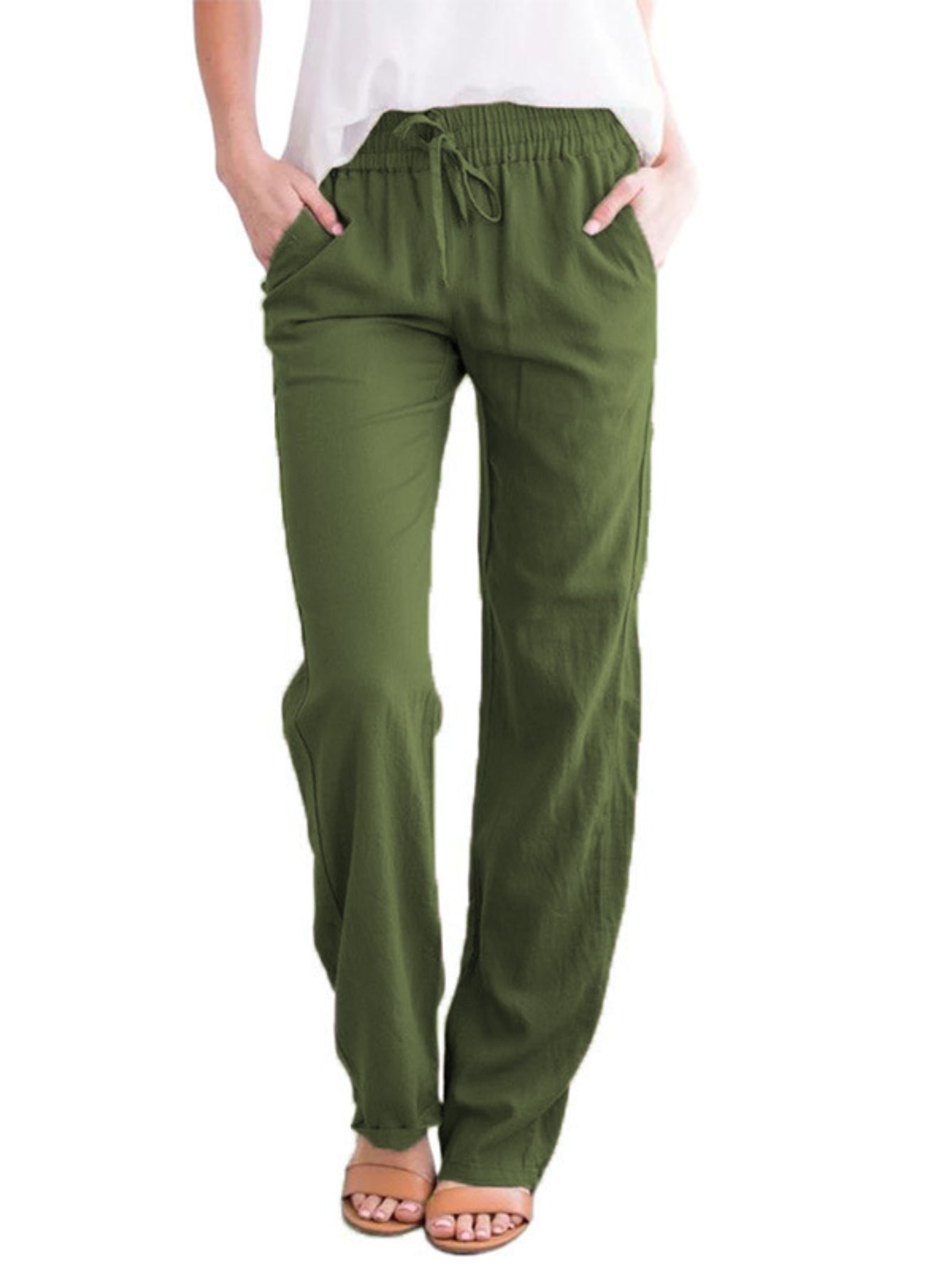 Women's Loose Fit Wide-Leg Trousers - Casual Solid Color Drawstring Design Fashion Pants
