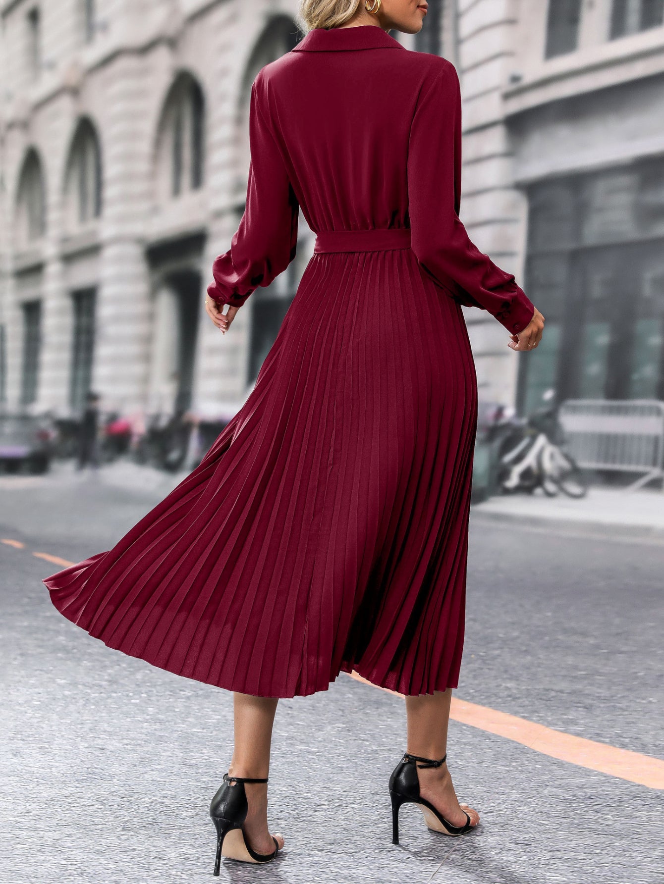 Surplice Neck A-line Pleat Dress, Elegant Long Sleeve Belt Dress