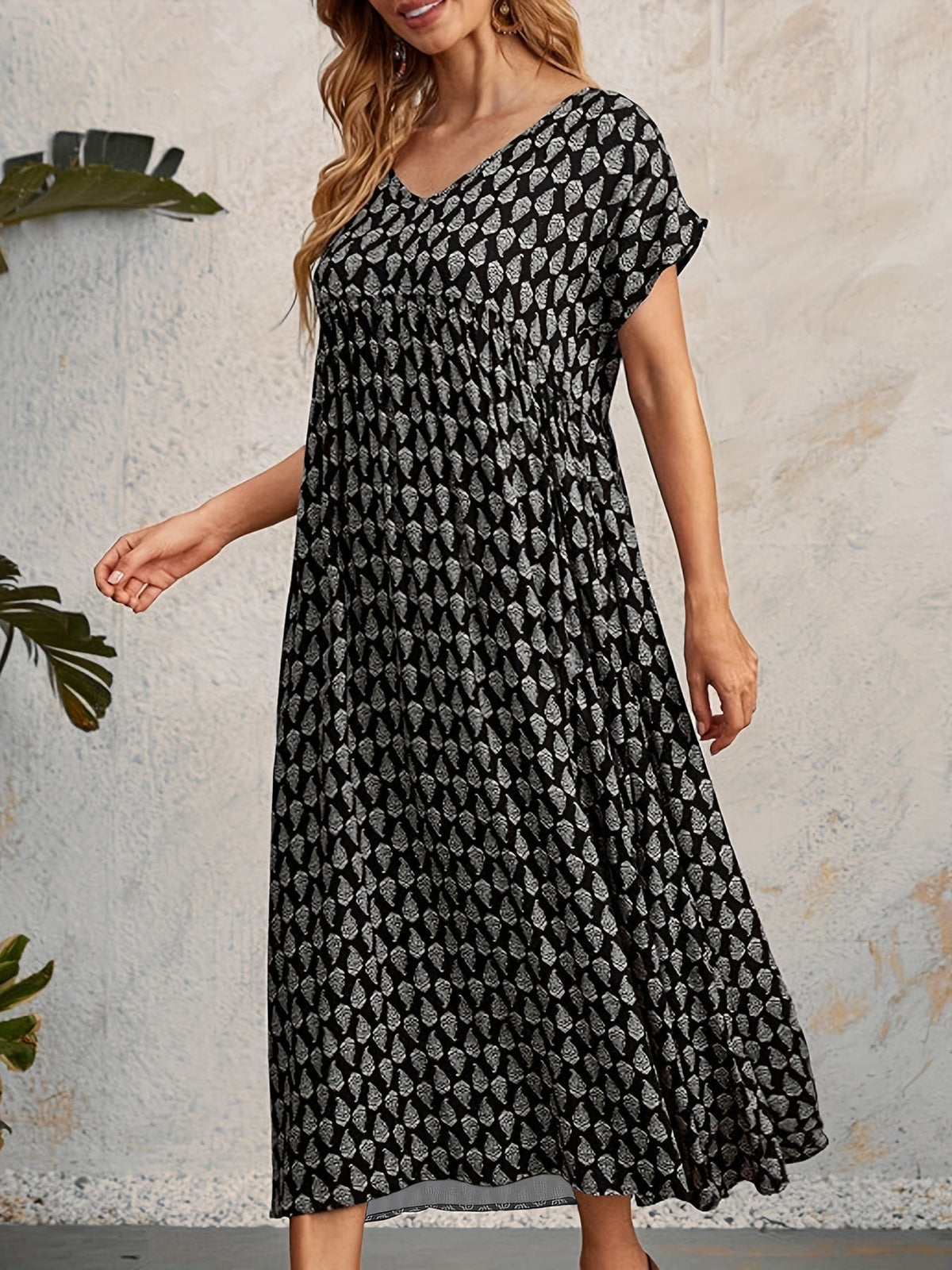 All Over Print Dress, Casual V Neck Short Sleeve Dress