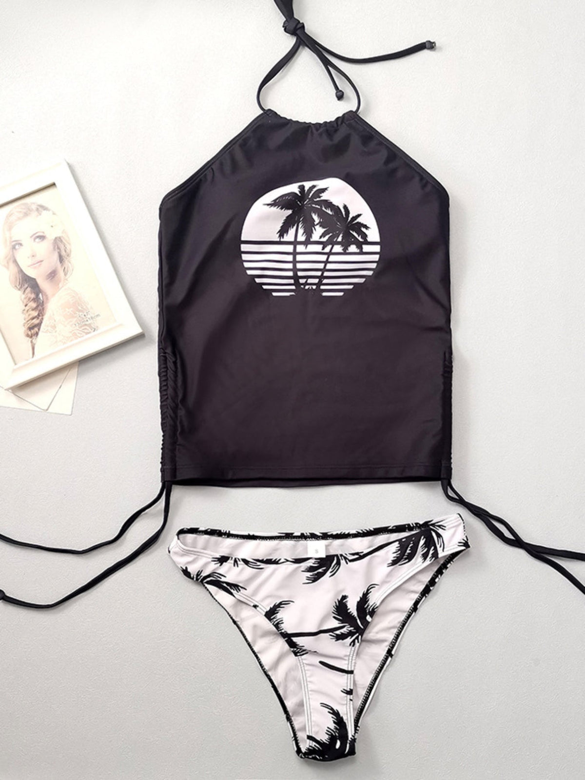 Coconut Tree Sunset Pattern Drawstring 2 Piece Set Swimsuit, Halter Tie Neck Backless Stretchy Low Waist Bathing Suit