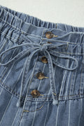 Sky Blue Stripe Drawstring Button Pleated High Waist Denim Shorts