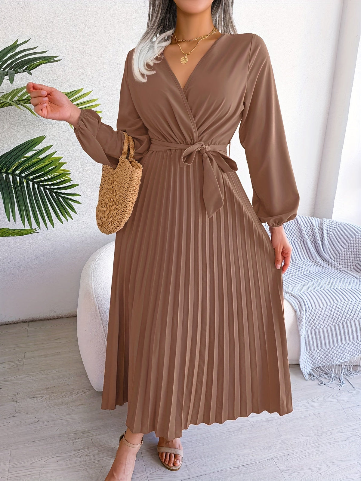 Pleated Surplice Neck Dress, Elegant Long Sleeve Solid Dress, Women's Clothing
