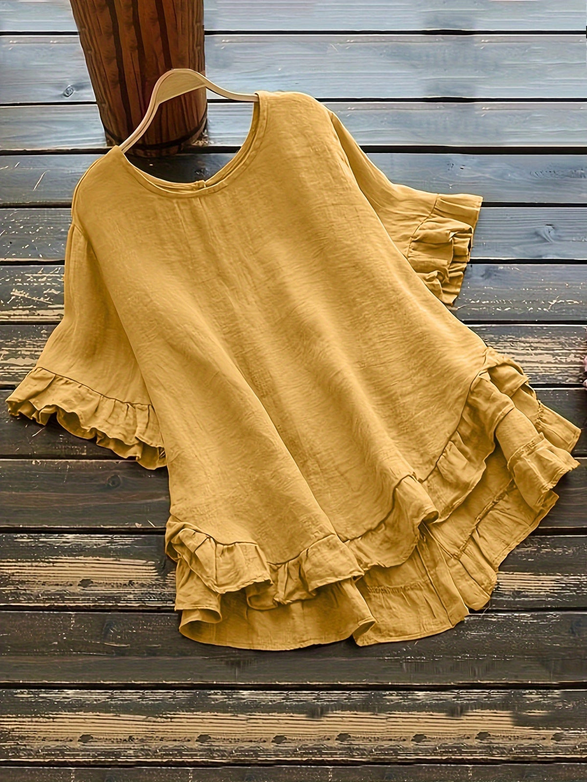 Solid Button Back Ruffled Trim Blouse, Casual Short Sleeve Blouse