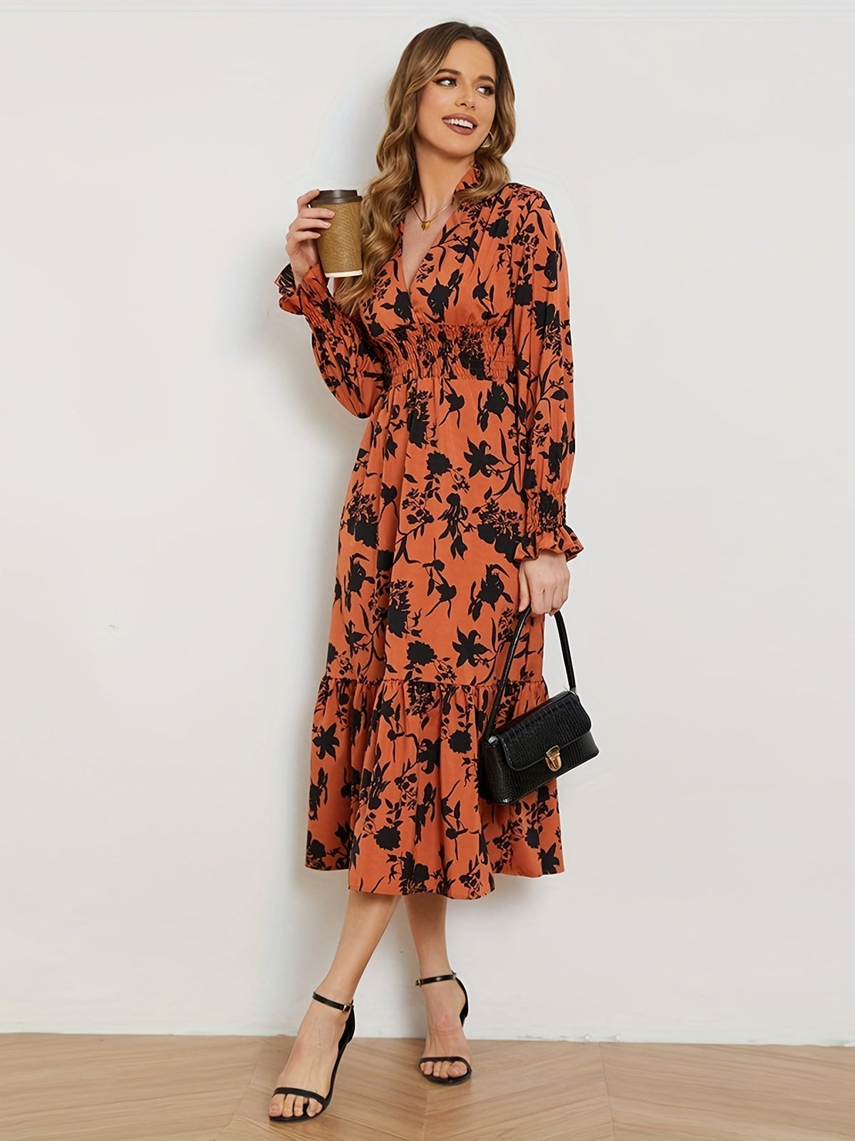 Floral Print Shirred Waist Dress, Casual V Neck Long Sleeve Dress