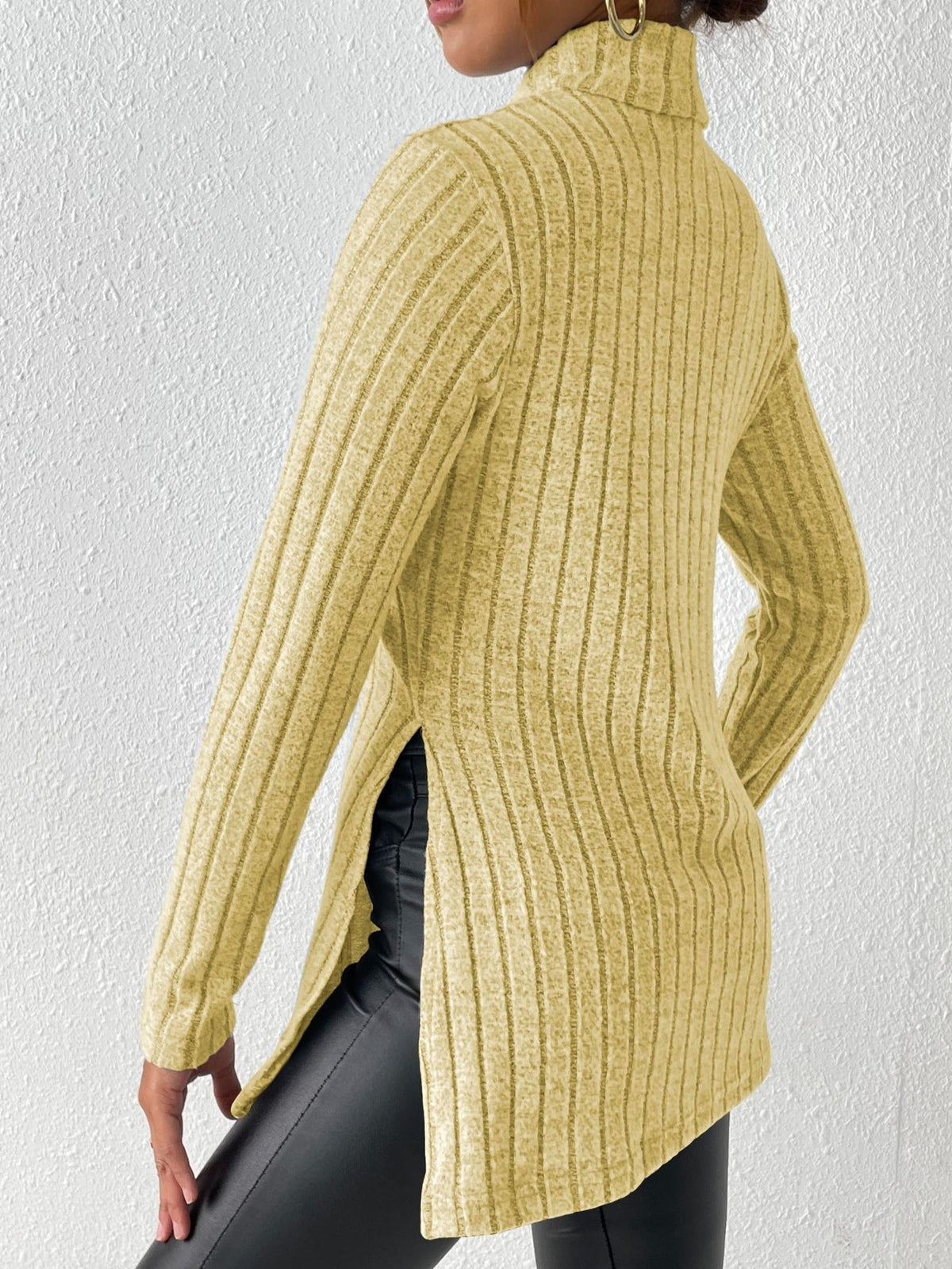 Solid Turtle Neck Rib Knit Top, Casual Long Sleeve Split Top