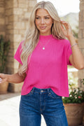Bright Pink Solid Color Ribbed Knit Mock Neck Loose Short Sleeve Sweater