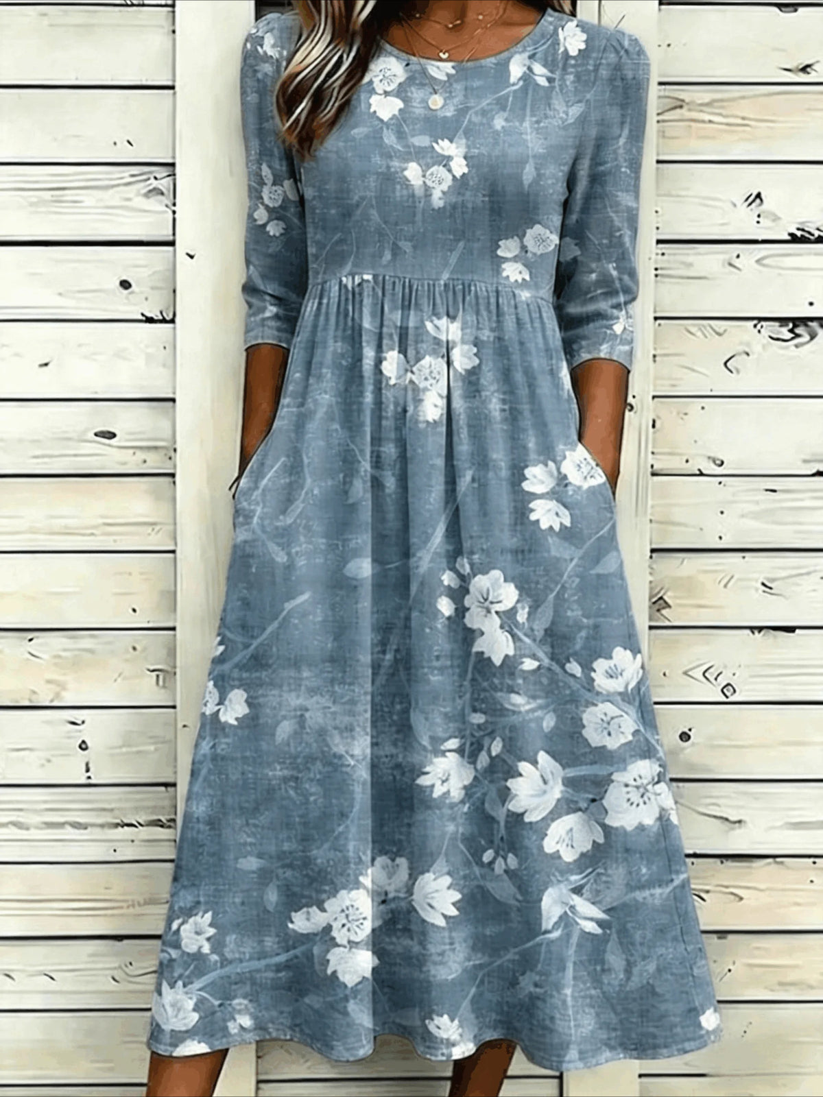 Flower Casual Round Neck Half Sleeve Mid Dress