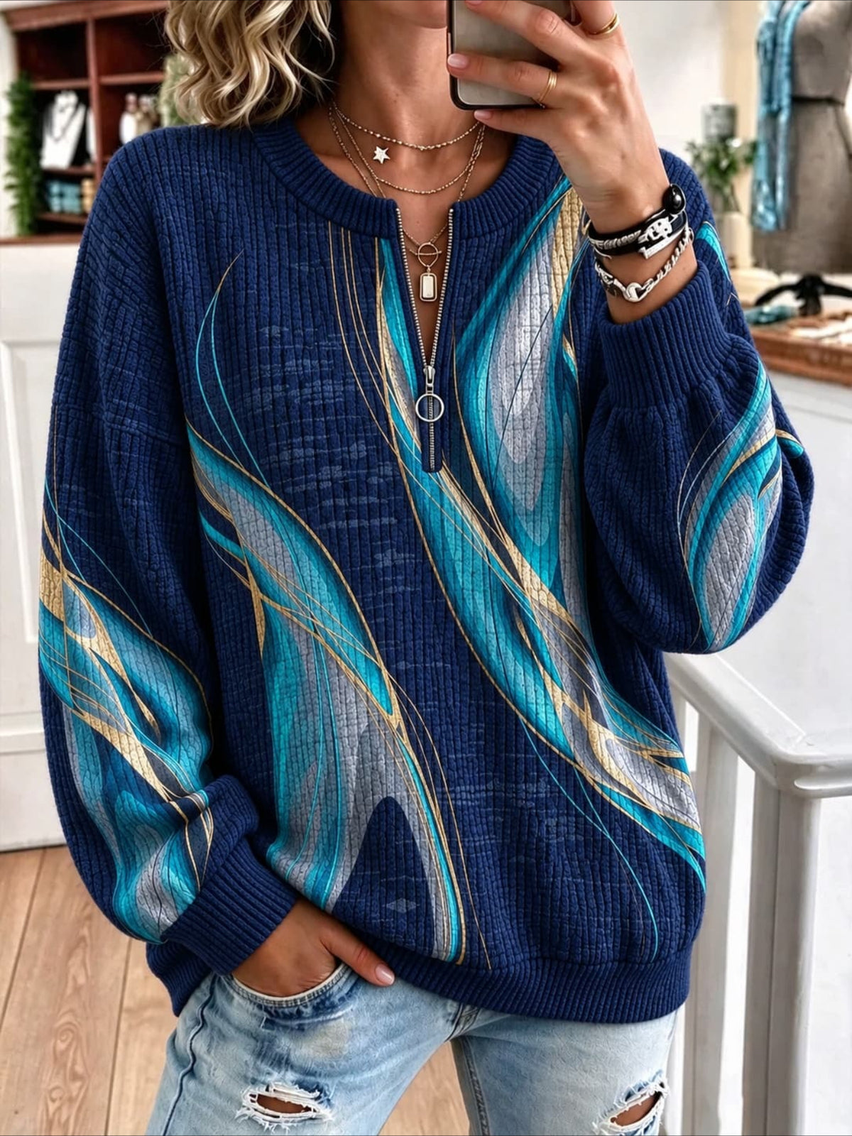 Printed Pattern Zipper Long Sleeve Pullover Sweater
