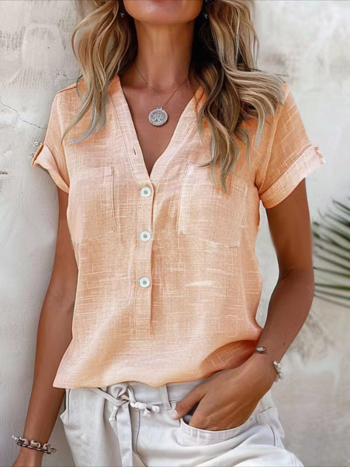 Button Pocket Solid Color Fashion Short Sleeve Shirt Top