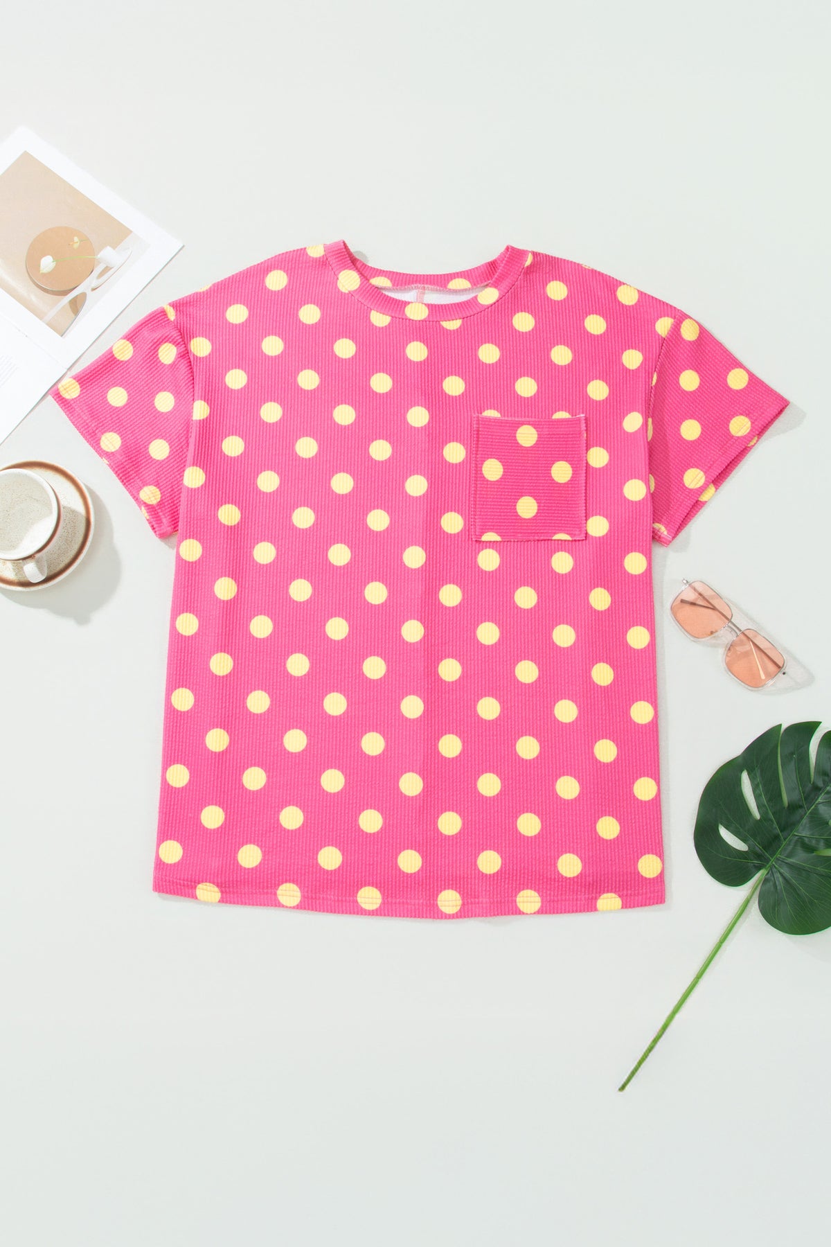 Pink Twisted Rib Polka Dot Print Plus Size T Shirt