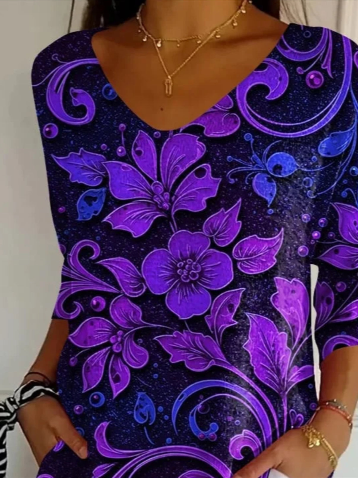 Floral Three Quarter Sleeve Tee T-shirt V Neck Printing Casual Spring/Fall Graphic Tee Top
